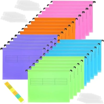 Afbeelding van MIVIDE 25 stuks hangmappen A4, kunststof hangmappen, PVC met tabbladen voor kantoor, school, thuis, werk (5 kleuren)