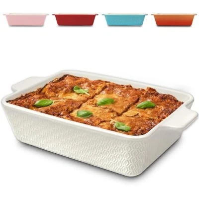 Afbeelding van Grote keramische ovenschaal, anti aanbaklaag, krasbestendig, zeer hoge rand, rechthoekig, wit