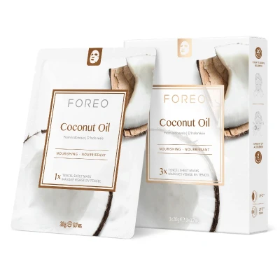 Afbeelding van FOREO Kokosolie 3 stuks voedende maskers voor vochtarme huid, hydraterende en schone formule, zonder dierproeven, compatibel met UFO apparaten