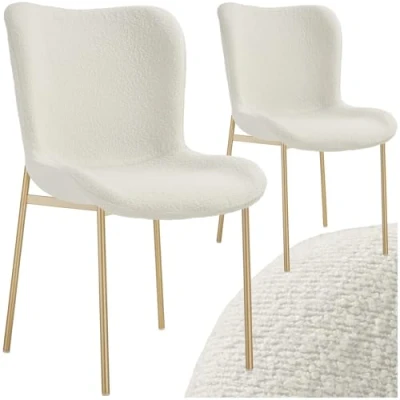 Afbeelding van tectake® 2 x gestoffeerde stoel Bouclé schelpzitstoel voor keuken eettafel fauteuil kaptafel of cocktailstoel, als elegante eetkamerstoel woonkamerstoel elegant tafelen wit/goud