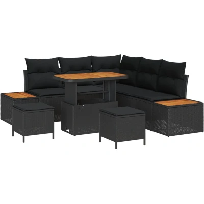 Afbeelding van vidaXL 8 delige tuinset met kussens zwart poly rattan en acacia