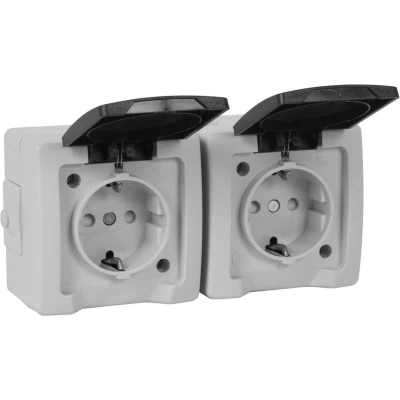 Afbeelding van Nautic Dubbel Stopcontact IP44 met Randaarde Horizontaal Antraciet / Wit