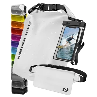 Afbeelding van waterdichte Dry Bag met waterdicht telefoonzakje en heuptas (20 l, wit) IPX8 rugzak rolsluiting Zwemmen, varen, strand, suppen