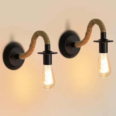 Afbeelding van 2 stuks vintage wandlamp, henneptouw, E27 retro wandlamp voor binnen, hal, loft, slaapkamer, café, bar (zonder lamp)
