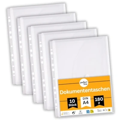 Afbeelding van perfect line 10 documentenmappen DIN A4, 20 mm vulhoogte, lichtdoorlatende en transparante kunststof, geperforeerd met klep, klittenbandsluiting