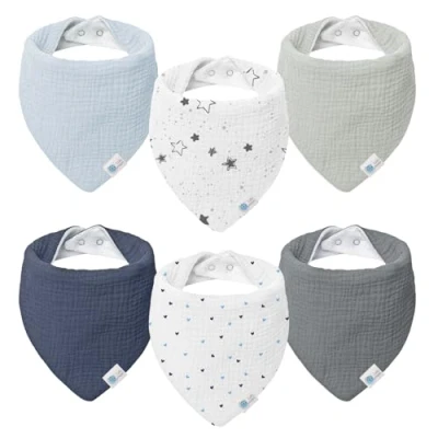 Afbeelding van lulumoon Bavoir triangulaire en mousseline pour bébé : 100 % coton fille et garçon (6 pièces, étoile)