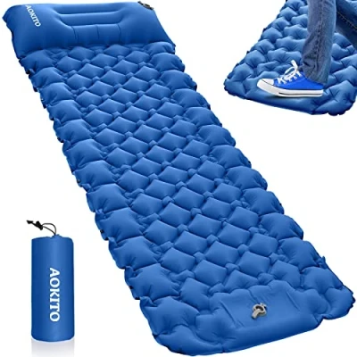 Afbeelding van AOKITO Zelfopblazend isolatiematras voor camping, outdoor, ultralicht luchtmatras, duurzaam campingmatras, opvouwbaar veldbed met kussen wandelen, outdoor (marineblauw)