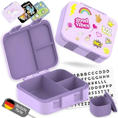 Afbeelding van BEARFOOT Bento Box Compact lunchbox voor kinderen, BPA vrij, school en kleuterschool, lekvrije meisjes jongens, praktisch, licht compact, zelfklevend, paars