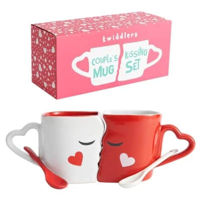 Afbeelding van THE TWIDDLERS Kussende Koffiemokken, Grote Keramische Paarmokken met Lepels en Geschenkdoos Cadeau voor Haar Hem, Koppels, Ouders