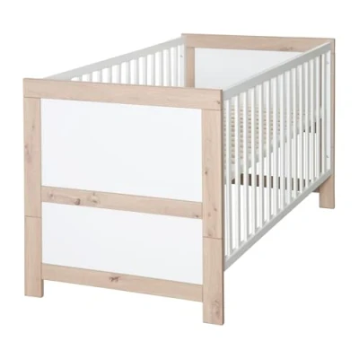 Afbeelding van roba Malo babybed 70 x 140 cm inklapbaar bed in hoogte verstelbaar veranderbaar een juniorbed wit gelakt hout Sonoma eiken decor