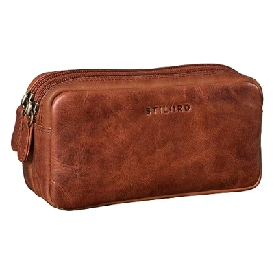Afbeelding van STILORD &#039;Eddie&#039; Lederen Pennenetui School of Kantoor Make up Tas Grote Vintage Pennenzak, Kara Cognac, stijl