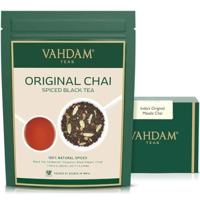 Afbeelding van VAHDAM, Losse Thee Masala Chai Original uit India (200 g/100 kopjes) 100% NATUURLIJKE INGREDIËNTEN Zwarte Kaneel, Kardemom, Kruidnagel &amp; Peper Warm of Ijzig Latte