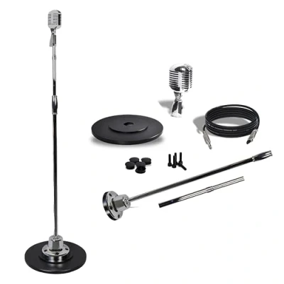 Image de Microphone Rétro et Support Swing Pyle avec Pied Micro Réglable Argent