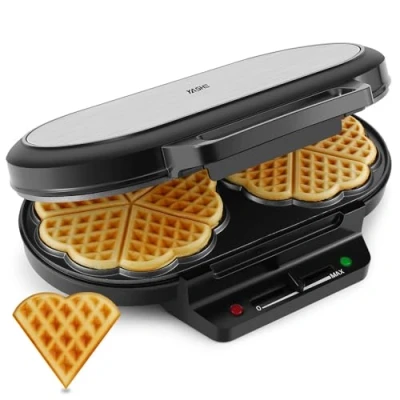 Afbeelding van YASHE Hart wafelmachine, 10 klassieke wafels in hartvorm met antiaanbaklaag, 5 instelbare temperatuurinstellingen, controlelampjes, anti overloop, 1200 W, zilver/zwart