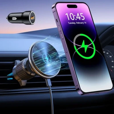 Afbeelding van EOIWUY Telefoonhouder voor auto, inductie, 15 W, snellader, compatibel met Magsafe 360 graden draaibaar en ventilatierooster, draadloze autooplader, iPhone 15/14/13/12 serie