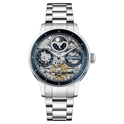 Afbeelding van Ingersoll The Jazz automatisch maanfasenhorloge voor heren, 42 mm, met skeletwijzerplaat en armband van roestvrij staal, zilver/blauw., Modern