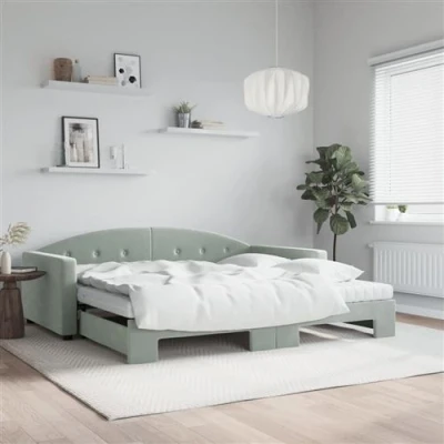 Afbeelding van vidaXL Slaapbank onderschuifbed matrassen 100x200cm fluweel lichtgrijs