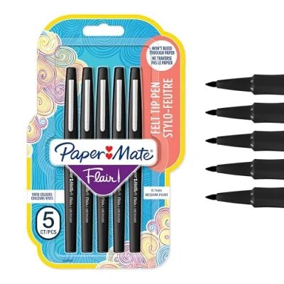 Image de Paper Mate Flair Original 5 Feutres Noir pointe moyenne 0.7 mm, Sous blister