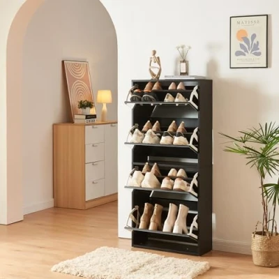 Afbeelding van Schoenenkast Lund met 4 kleppen spiegeldeuren zwart 134x60x24 cm [en.casa]