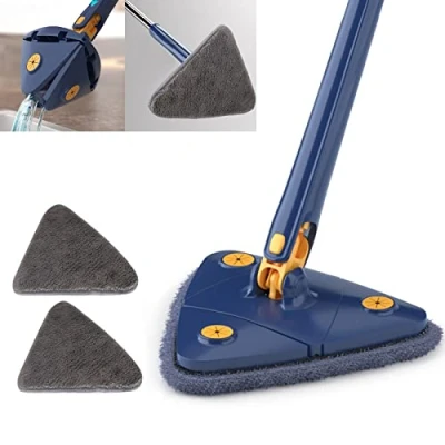 Afbeelding van ZTEEG 360 graden driehoekige reinigingsmop, telescopische bezem, verstelbare uitwringbare mop, multifunctionele dweilmop met automatische push pull mop (blauw + 2 kussens)