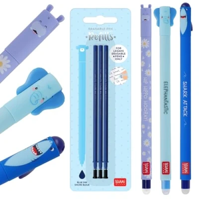 Afbeelding van LEGAMI Set van 3 uitwisbare gelpennen + blauwe vullingen met warmtegevoelige inkt, punt 0,7 mm, haai, olifant, nijlpaard