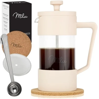 Afbeelding van Milu Koffiepers koffiezetapparaat 350 ml, 600 1 l French Press glas, set bestaande uit onderzetter, lepel, extra reservefilter (beige, ml (3 kopjes)