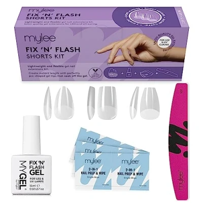 Afbeelding van Mylee Fix N Flash Soft gel Tips Shorts Kit, 3 vormen, 216 stuks, amandel, vierkant en doodskist, inclusief gel, voorbereidingsdoekjes halve maan nagelvijl, volledige dekking, nail art