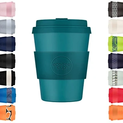 Afbeelding van Ecoffee Cup Herbruikbare en milieuvriendelijke koffiemok van 100% plantaardig met deksel huls melaminevrije siliconen biologisch afbreekbaar, vaatwasser /magnetronbestendig, 350 ml, Bay of