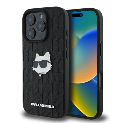 Afbeelding van Karl Lagerfeld Beschermhoes achterkant, compatibel met iPhone 16 Pro Max, monogram uil hoofd, zwart (iPhone Pro)