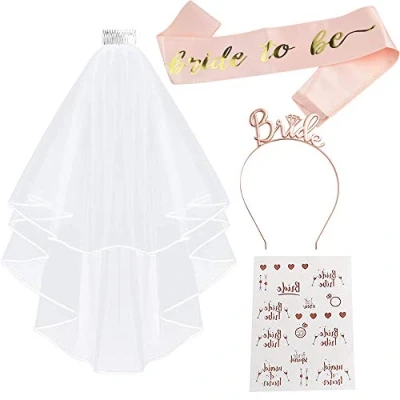 Afbeelding van JGA Sjaal vrijgezellenfeest decoratieaccessoires voor dames, bruiloftsfeest Be bruid met sjaal, witte sluier, haarkroon, TECHSHARE tatoeages (roségoud)