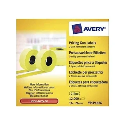 Afbeelding van AVERY Doos met 10 rollen elk 1200 gele zelfklevende etiketten voor 2 regelige labelapparaten (in totaal 12.000 etiketten), formaat 26 x 16 mm, permanent klevend