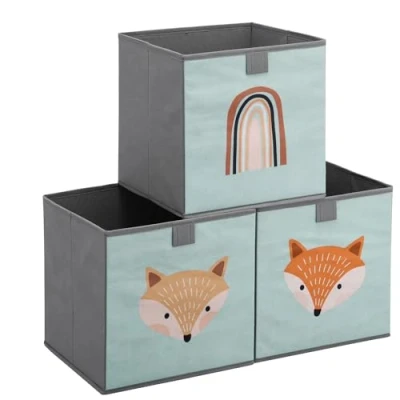 Afbeelding van Navaris opbergdozen voor kinderen Set van 3 opbergboxen met treklus 28 x cm Opvouwbaar Opbergmanden in mintgroen/grijs vos