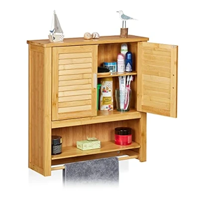 Afbeelding van Relaxdays badkamerkast LAMELL hangkast badkamer handdoekhouder bamboe muurkast