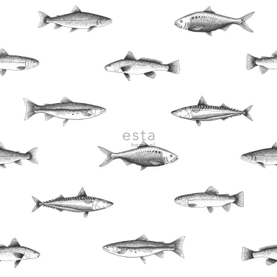Afbeelding van ESTAhome behang pentekening vissen wit en zwart 138967 0,53 x 10,05 m