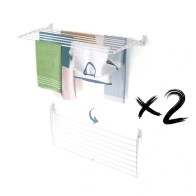 Afbeelding van foxydry Fold Droogrek voor aan de muur, uittrekbaar, verticaal, opvouwbaar, binnen en buiten, van aluminium staal, 118 x 50 cm (wit neerwaartse sluiting, 2 laags, 120)