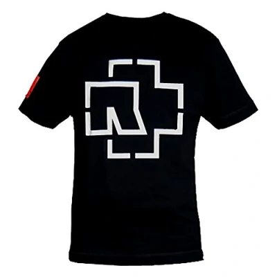 Afbeelding van Rammstein T shirt met zwart logo, officieel van de band print op borst en rug, zwart.