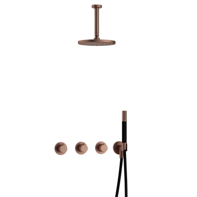 Afbeelding van Hotbath Cobber Regendoucheset IBS70 Geborsteld Koper PVD Staaf handdouche 20cm Hoofddouche 15cm Plafondbuis Handouche met wandhouder