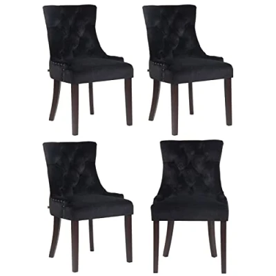 Afbeelding van CLP Aberdeen Set van 4 eetkamerstoelen Zonder armleuning Hout Fluweel zwart antiek