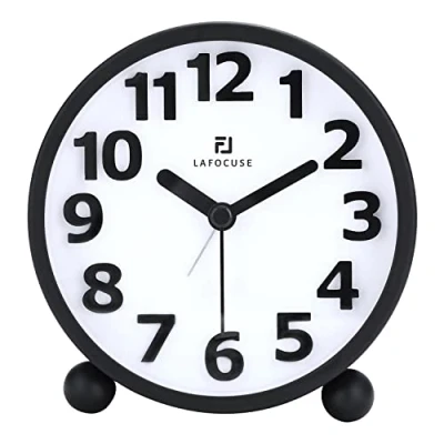 Afbeelding van Lafocuse Stille analoge wekker, zwart metaal, grote cijfers 3D, tafelklok zonder tikken met nachtlicht, nachtwekker, 10,5 cm