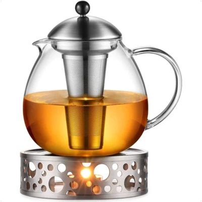 Afbeelding van glazen theepot 1500 ml met 18/10 roestvrijstalen theezeef, groot borosilicaatglas, theemaker op fornuis, kan uitneembare zeef,
