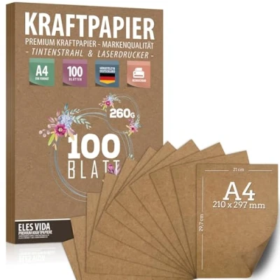 Afbeelding van 100 vellen kraftpapier, A4, 260 g, 21 x 29,7 cm, DIN formaat, knutselpapier en natuurlijk karton, kraftpapier om af te drukken, kaartpapier, etiketten maken
