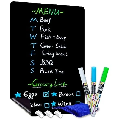 Afbeelding van CUHIOY Magnetische Koelkast Whiteboard Zwart met Krijtbord Design 17 x 11&quot;Koelkast Kladblok, Droog Wis Planning Board voor Memo, Maaltijdplanner, Winkellijst, Te Doen Lijst, 3 Krijt Marker Pens &amp; Reiniging Gum