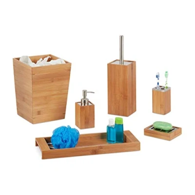 Afbeelding van Relaxdays badkameraccessoires set bamboe 6 delige badkamerset schaaltje zeeppompje