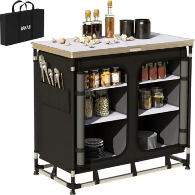 Afbeelding van BAKAJI Keukenkast campingtafel picknick compact draagbaar opvouwbaar aluminium frame kitchenette slabbetjes draagtas stoffen opbergvak (dubbel compact)