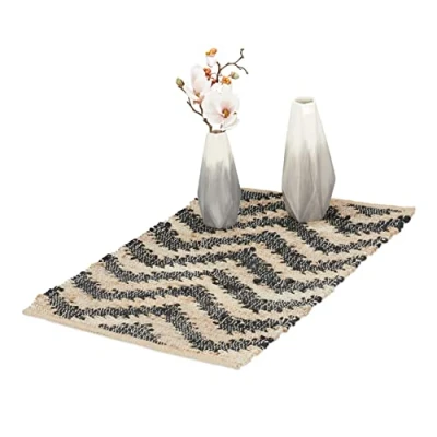 Afbeelding van Relaxdays vloerkleed jute katoen 50x80 cm handgeweven antislip beige zwart