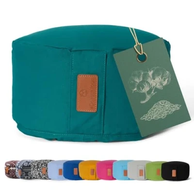 Afbeelding van #DoYourYoga Yoga kussen »Vishnu« rond meditatiekussen met bio organische Spelt vulling H:15cm, diam.30cm donkergroen