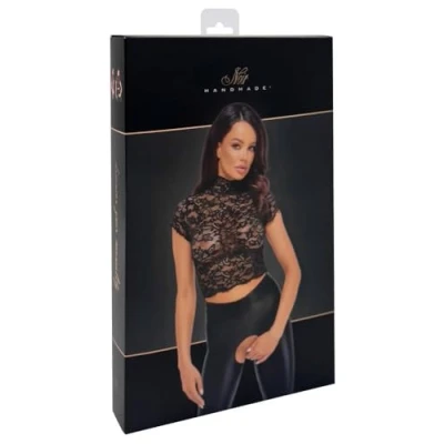 Afbeelding van Essence Lace Top with High Collar Maat L Noir Handmade