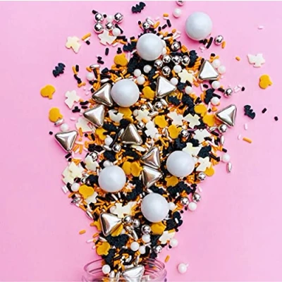 Afbeelding van STREUSEL GLÜCK Halloween griezelige feestdecoratie oranje/zwart/zilver 180 g taartdecoratie cupcakes muffins party decoratie