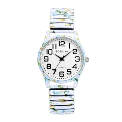 Afbeelding van JewelryWe Dameshorloges van elastisch roestvrij staal: vintage bohemien analoog kwartshorloge voor dames staal met grote wijzerplaat Arabische cijfers, Veelkleurig #1 Bloemenprint,