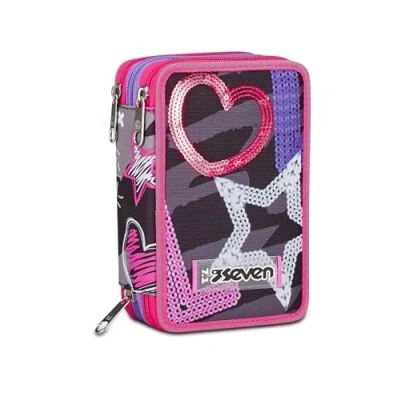 Afbeelding van Seven Schooltas met 3 ritssluiting, zwart, paars, fuchsia, Draft Heart, penhouder drievoudig vak, compleet pennen, potloden, kleuren, rugzakaccessoires, elementair, medium, meisje,, Aubergine,